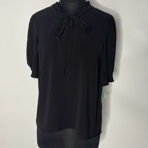 CeCe Women's Black Short Sleeve Ruffled V-Neck Tie Blouse Size M.  ((B5))